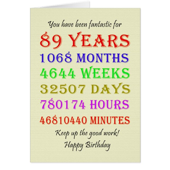 89th Birthday Milestones Cards (Front)