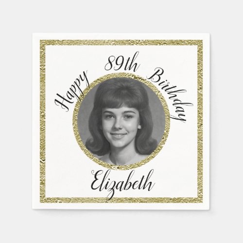 89th Birthday Napkins Custom Photo White and Gold