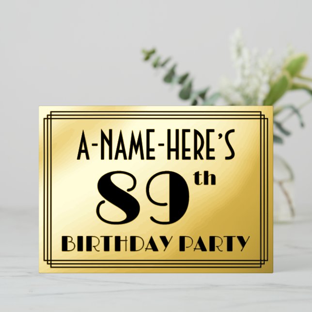 89th Birthday Party — Art Deco Look “89” + Name Foil Invitation (Standing Front)