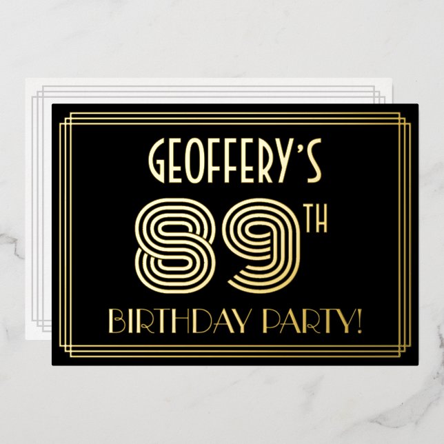 89th Birthday Party — Art Deco Style “89” + Name Foil Invitation (Front/Back)