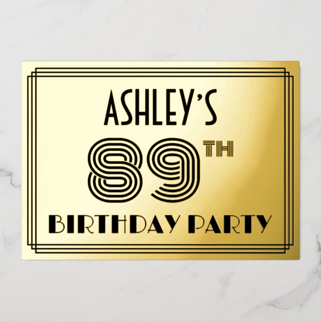 89th Birthday Party — Art Deco Style “89” & Name Foil Invitation (Front)