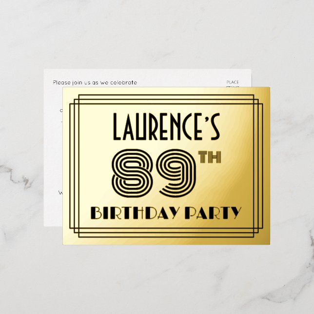 89th Birthday Party ~ Art Deco Style “89” + Name Foil Invitation Postcard (Front/Back)