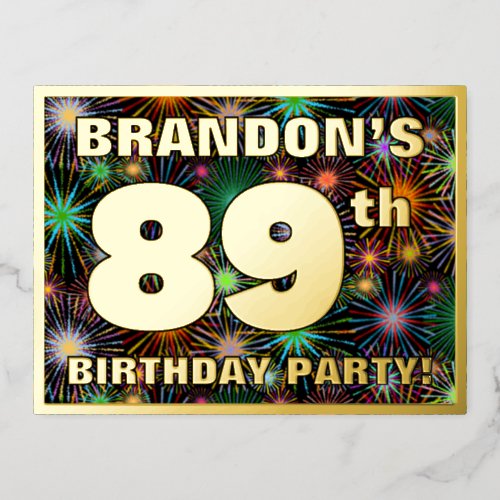 89th Birthday Party Bold Colorful Fireworks Look Foil Invitation Postcard