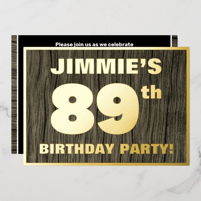 89th Birthday Party: Bold, Faux Wood Grain Pattern Foil Invitation (Front/Back)