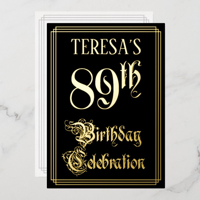 89th Birthday Party — Fancy Script & Custom Name Foil Invitation (Front/Back)