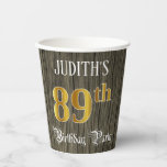 [ Thumbnail: 89th Birthday Party — Faux Gold & Faux Wood Looks Paper Cups ]