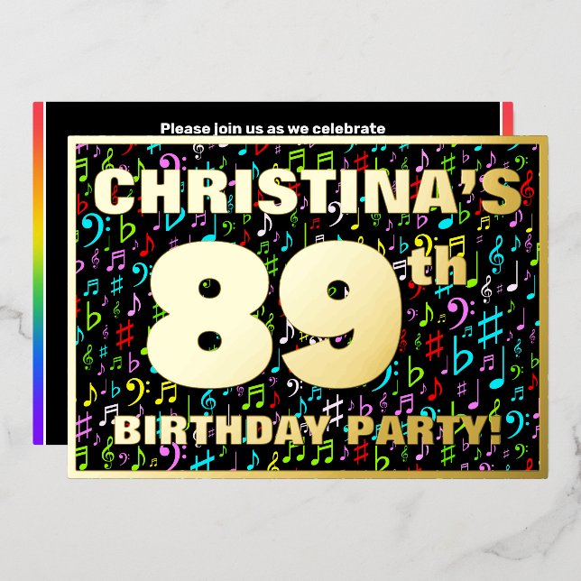 89th Birthday Party — Fun, Colorful Music Symbols Foil Invitation (Front/Back)
