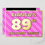 [ Thumbnail: 89th Birthday Party — Fun Pink Hearts and Stripes Invitation ]