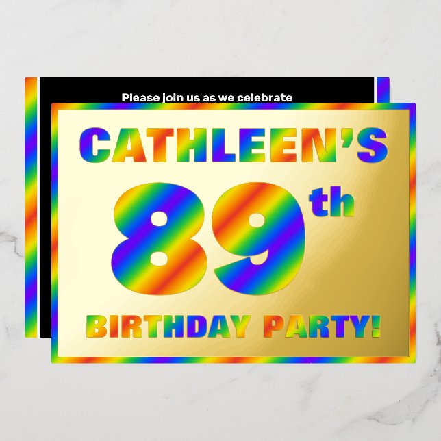 89th Birthday Party — Fun, Rainbow Spectrum “89” Foil Invitation (Front/Back)