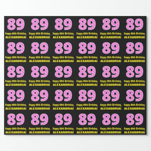 89th Birthday Pink Stripes and Hearts 89  Name Wrapping Paper