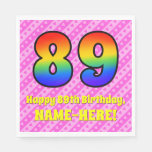 [ Thumbnail: 89th Birthday: Pink Stripes & Hearts, Rainbow # 89 Napkins ]