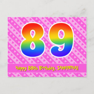 89th Birthday: Pink Stripes & Hearts, Rainbow 89 Postcard