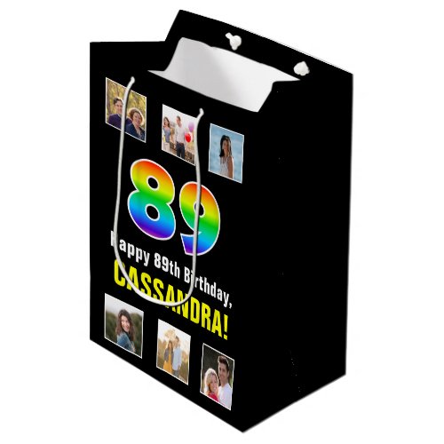 89th Birthday Rainbow 89 Custom Photos  Name Medium Gift Bag