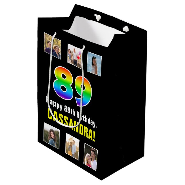 89th Birthday: Rainbow “89“, Custom Photos & Name Medium Gift Bag (Front Angled)