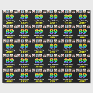 89th Birthday: Rainbow “89“; Custom Photos & Name Wrapping Paper
