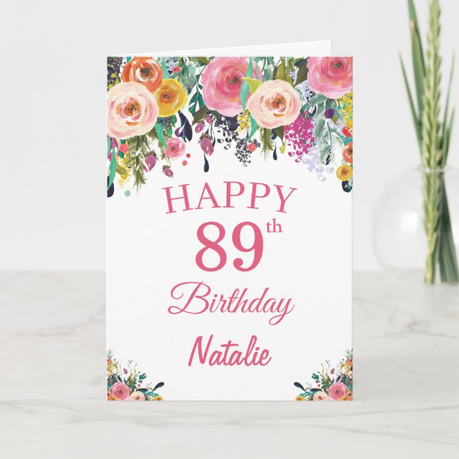 89th Birthday Watercolor Floral Flowers Pink Card (Front)