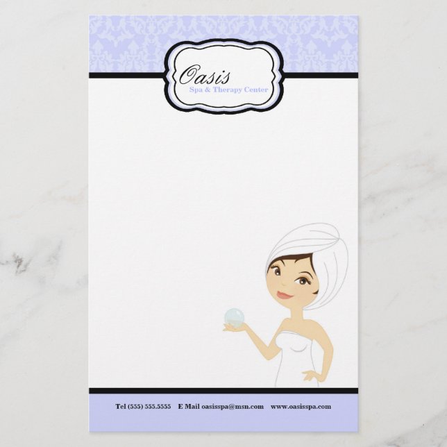 8.5" x 5.5" Stationary Sheets - Blue Damask Spa Stationery (Front)