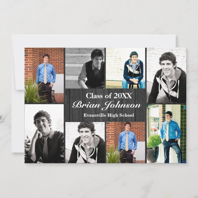 8/9 Photos Gray Wood  - Graduation Announcement (Front)