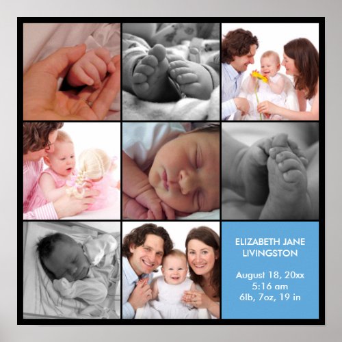 8 baby photo modern collage blue black border poster