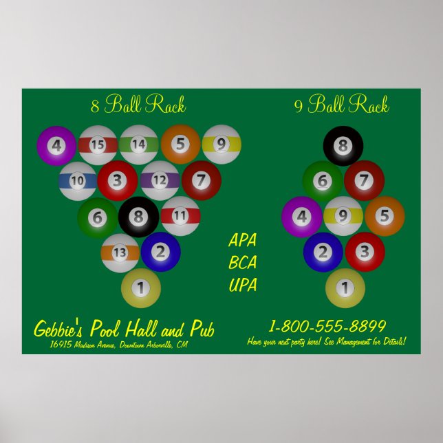8 Ball 9 Ball Rack Billiard Hall Poster (Front)