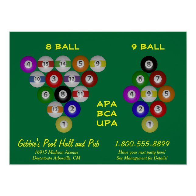 8 Ball 9 Ball Rack Billiard Room Poster (Front)