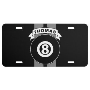 8 Ball Billiards Grey Race Stripes Personalized License Plate