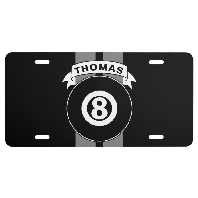 8 Ball Billiards Grey Race Stripes Personalized License Plate (Front)