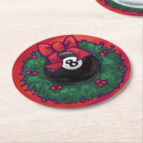 8 Ball Christmas Wreath Round Paper Coaster