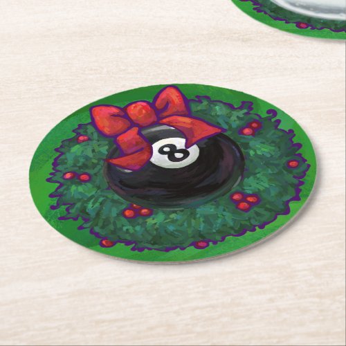 8 Ball Christmas Wreath Round Paper Coaster