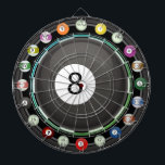 8-Ball Multi-Target 20 Count Dartboard<br><div class="desc">A fun pool and billiards themed dartboard. Features cool billiards table,  triangle and cue sticks central. Also has 20 count ball perimeter for small added targets for more challenges. Perfect for traditional dart games,  new ones of your own,  or as a cool statement art piece. Enjoy!</div>