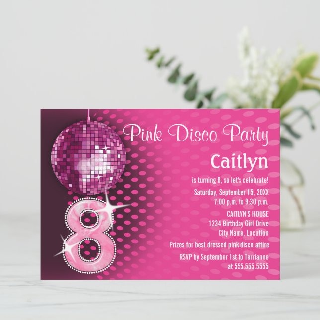 8 Birthday Pink Disco Party Invitation (Standing Front)