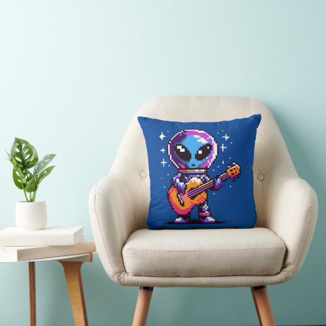 8-Bit Alien Guitarist - Retro Pixel Space Music Throw Pillow (Chair)