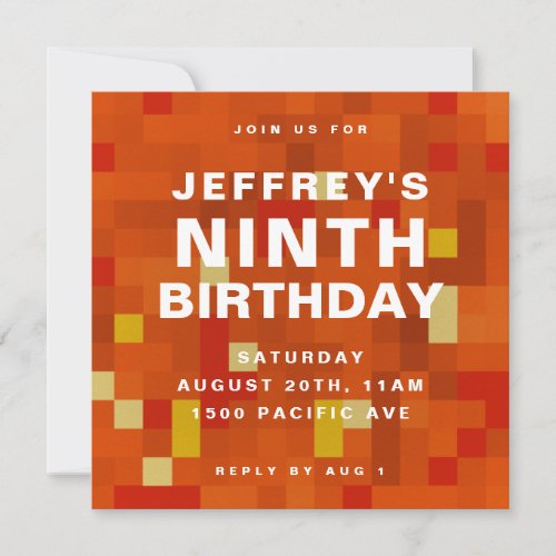 8 Bit Block Orange Kids Birthday Party Invitation