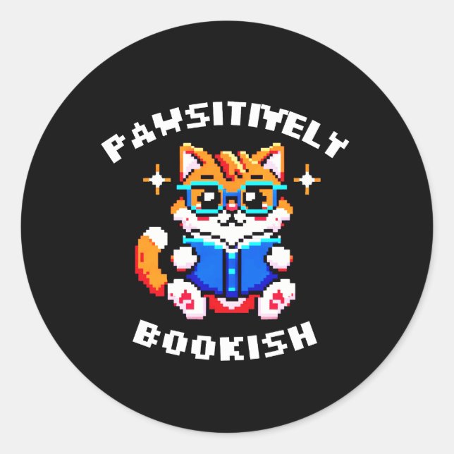 8-Bit Bookish Cat: A Retro Reading Adventure Classic Round Sticker (Front)