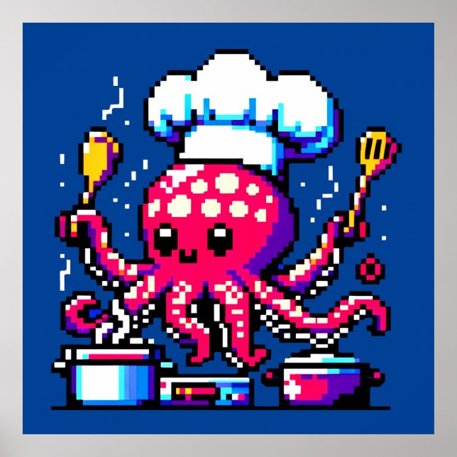 8-Bit Chef Octopus: Retro Kitchen Artistry Poster (Front)