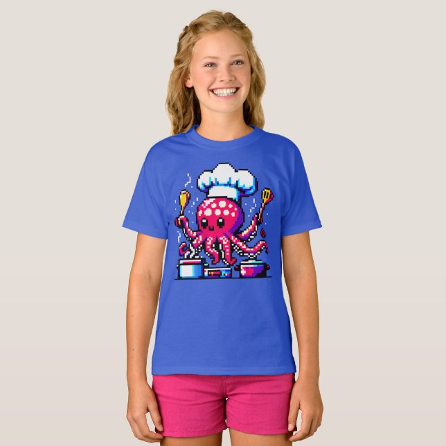 8-Bit Chef Octopus: Retro Kitchen Artistry T-Shirt (Front Full)
