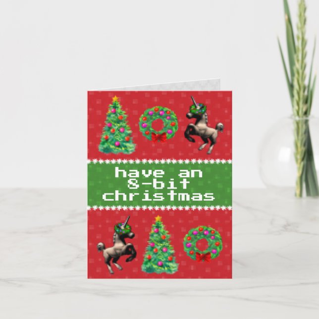 "8-Bit Christmas" Holiday Note Card (Red) (Front)