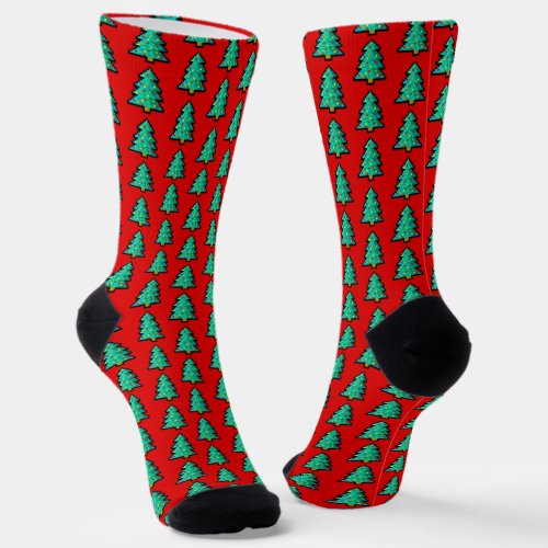 8 bit Christmas Tree Red Green Pixel Art Fun Geeky Socks