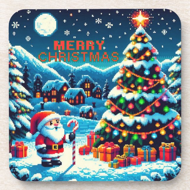8 bit Christmas tree & Santa Beverage Coaster (Front)