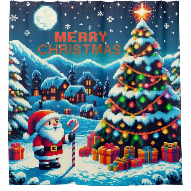 8 bit Christmas tree & Santa Shower Curtain (Front)