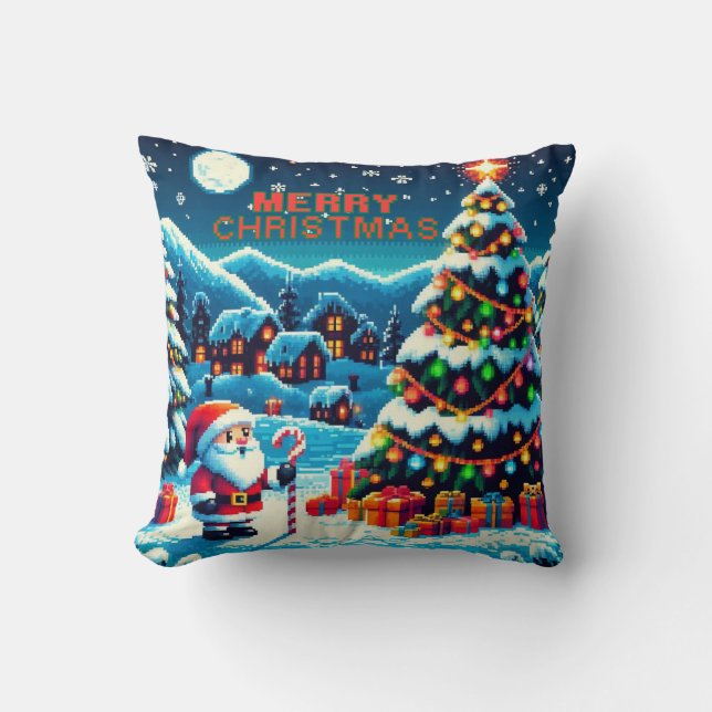 8 bit Christmas tree & Santa Throw Pillow (Front)