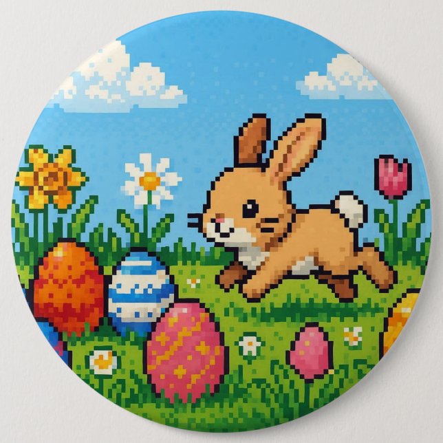 8 bit cute Easter bunny/rabbit Button (Front)