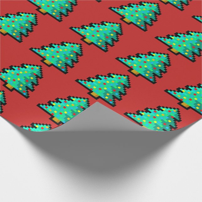 8 bit Green Christmas tree with red background Wrapping Paper (Corner)