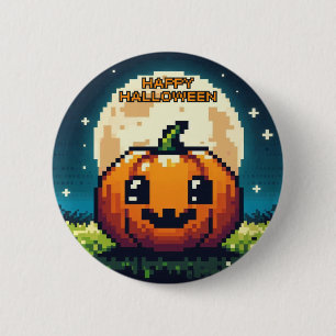 8-bit Halloween pumpkin under the moon Button