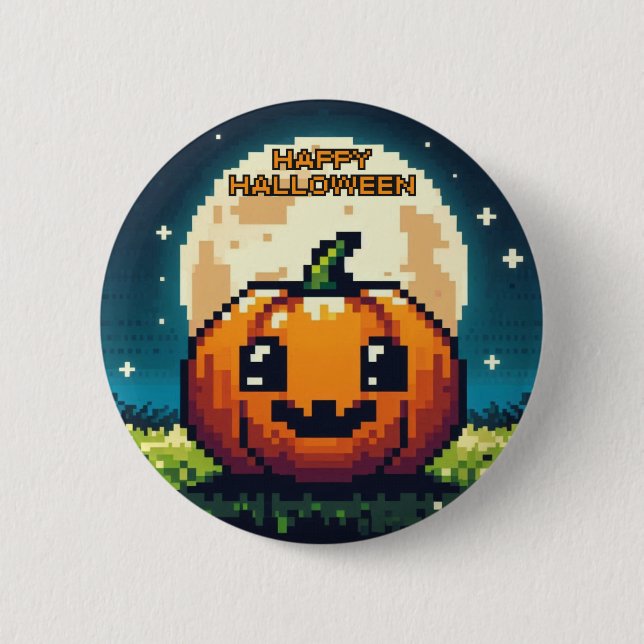 8-bit Halloween pumpkin under the moon Button (Front)