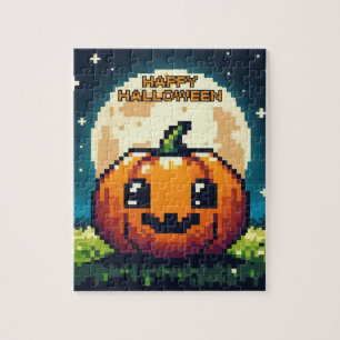 8-bit Halloween pumpkin under the moon Jigsaw Puzzle