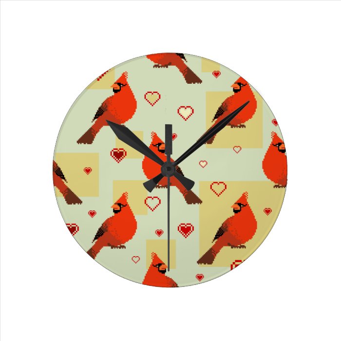 8 bit Hearts and Cardinals Pattern Round Wallclock