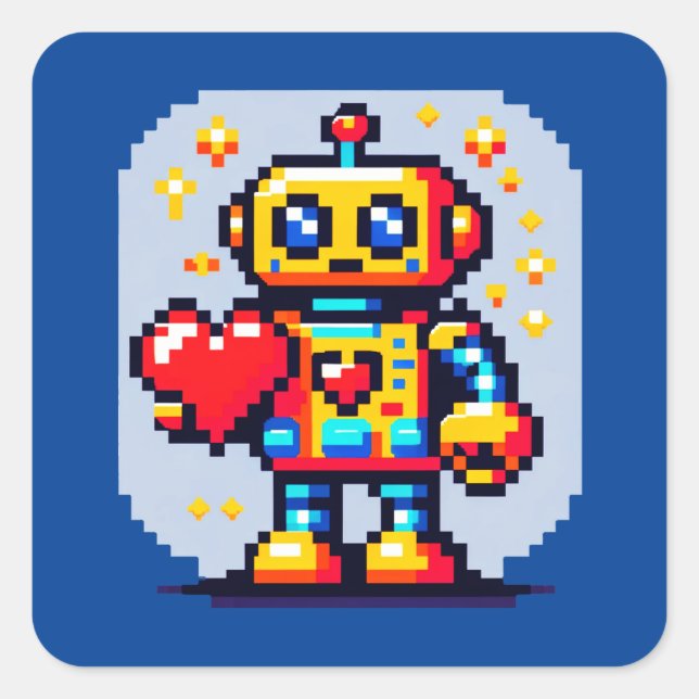 8-Bit Love Robot: Heart in Pixels Square Sticker (Front)