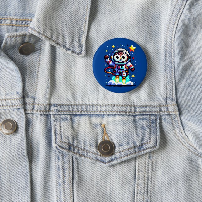 8-Bit Owl Astronaut - Retro Pixel Space Explorer Button (In Situ)