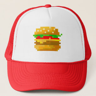8-bit pixel art burger - colorful fast food trucker hat